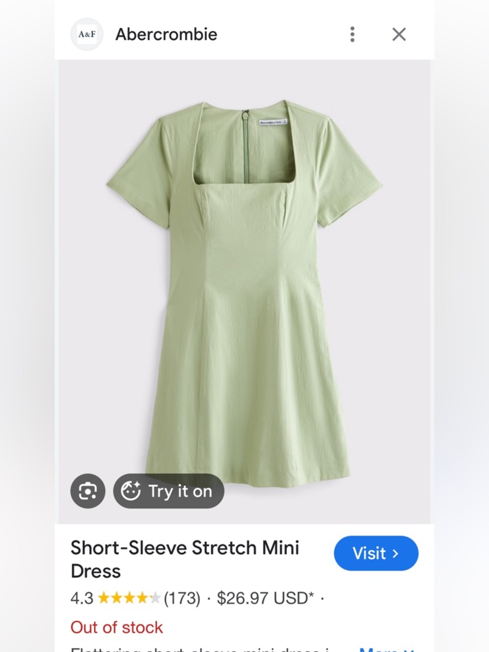 Abercrombie & Fitch Light Green Short‑Sleeve Stretch Mini Dress